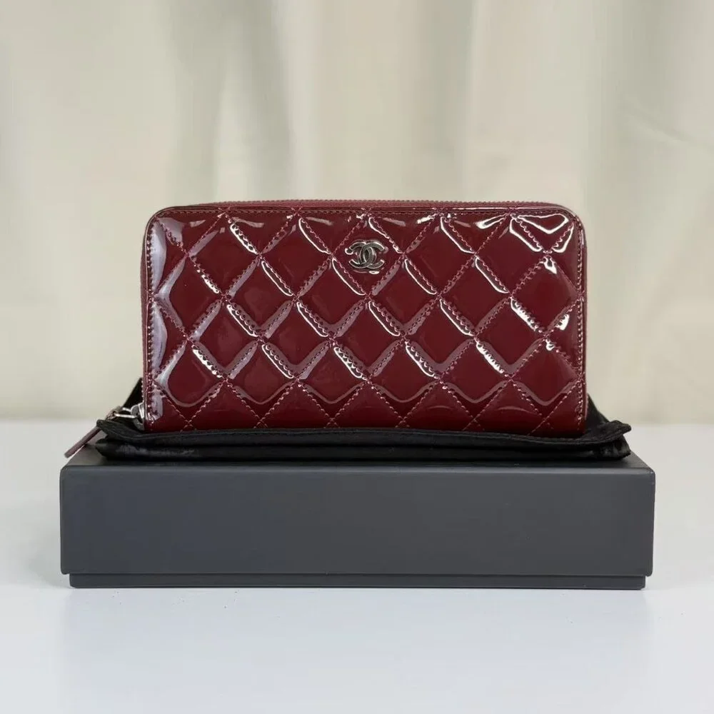 Chanel Burgundy Patent Leather Wallet with Classic Quilted Design